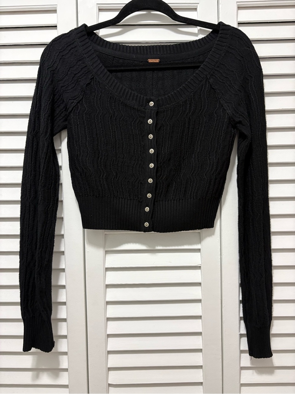 Free People Black Cropped Cable-Knit Button Cardigan